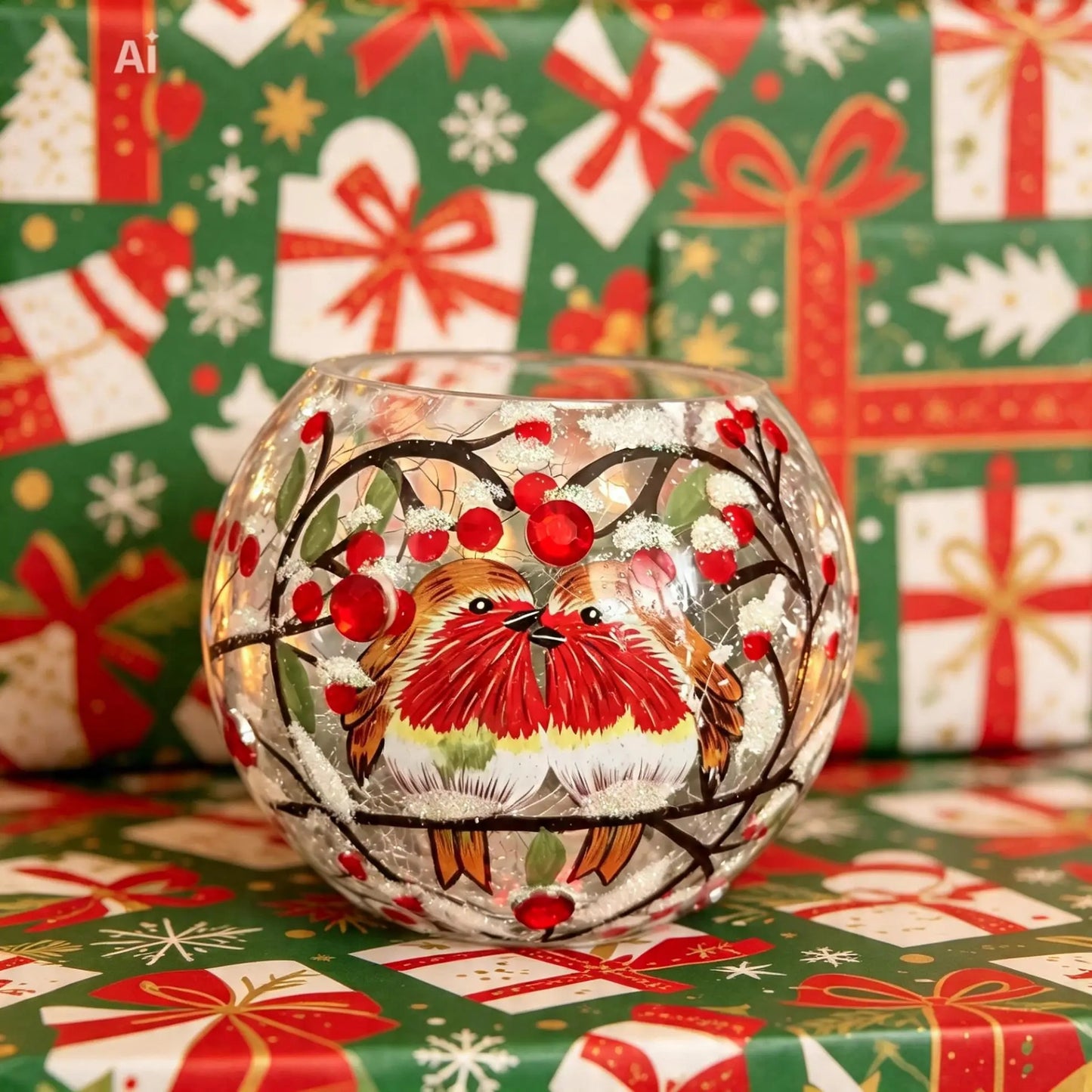 Christmas Crackle Ball Tealight Holder Robins