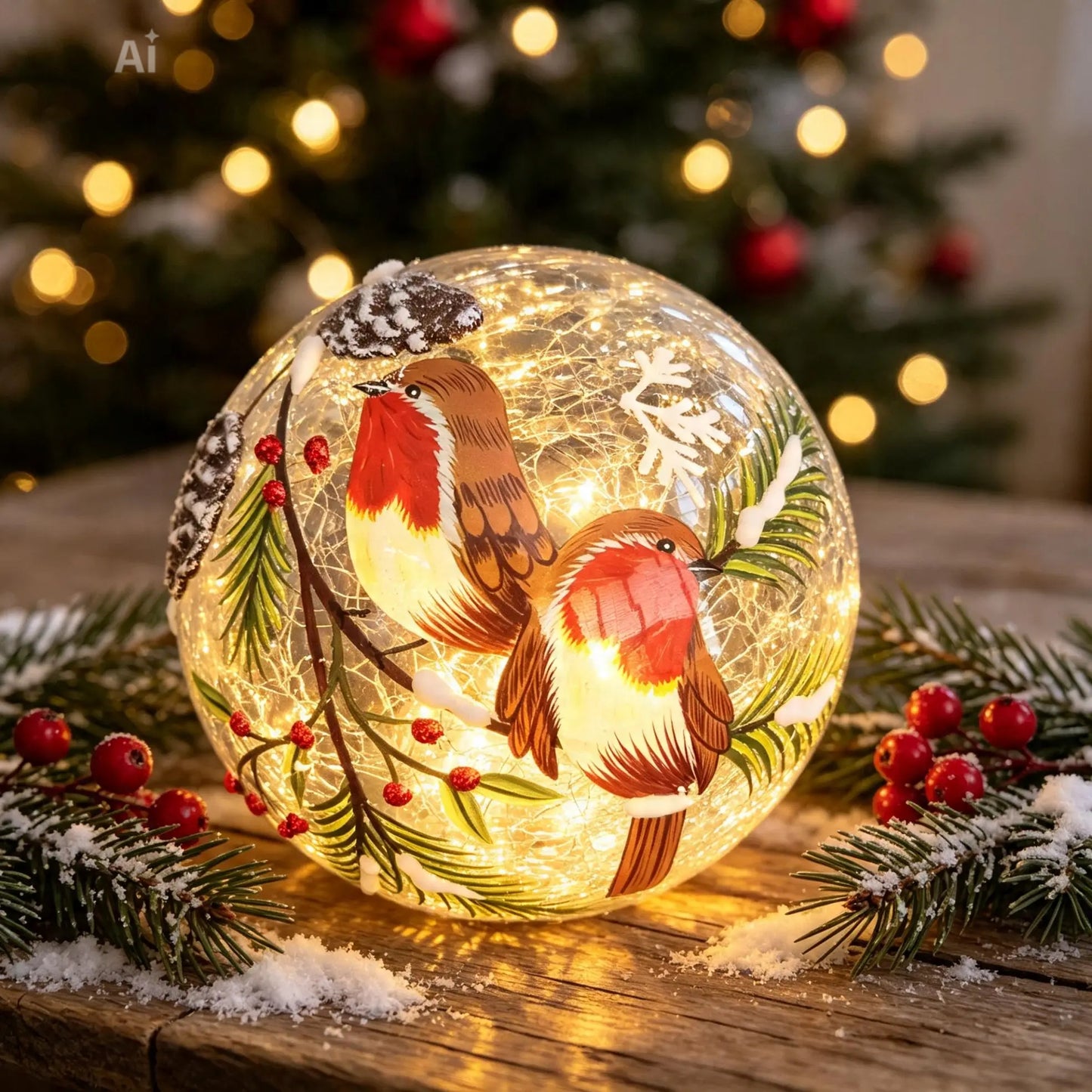 Large Christmas Robin Crackle LED Ball