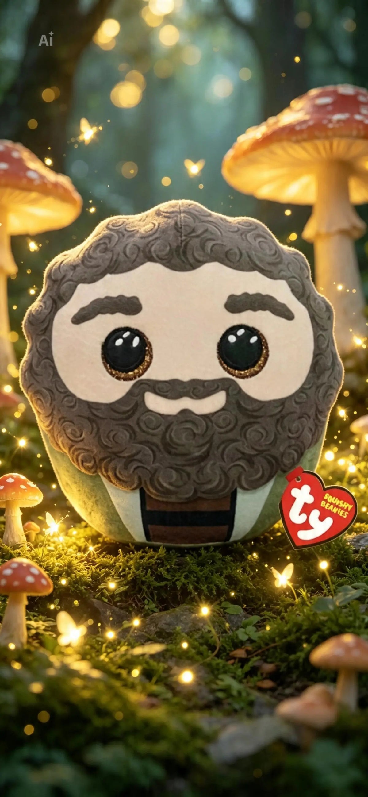 Squishy Beanies Rubeus Hagrid plush toy, recognizable by the signature large, sparkling eyes and soft, squishy texture.