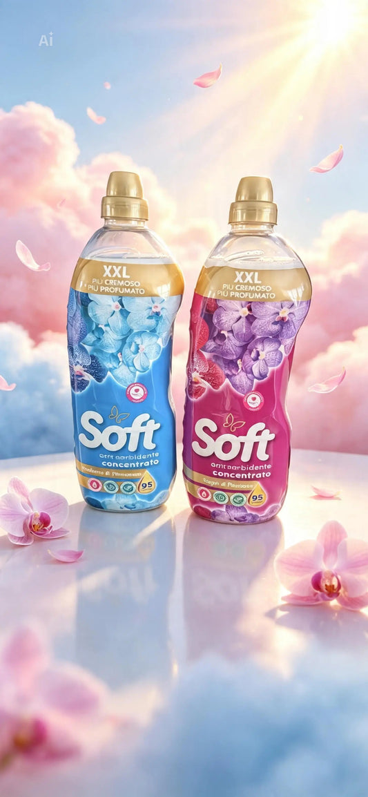 Soft brand concentrated fabric softener, marketed in XXL packaging for approximately 95 washes each.