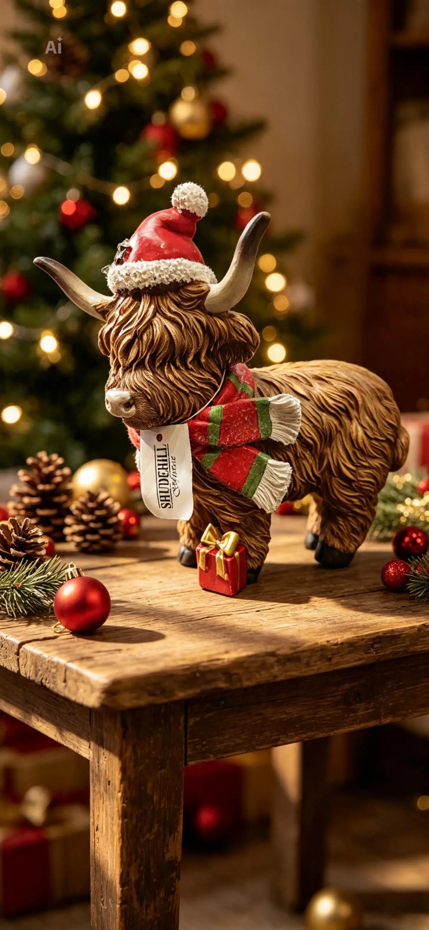 Christmas Highland Cow With Scarf Standing