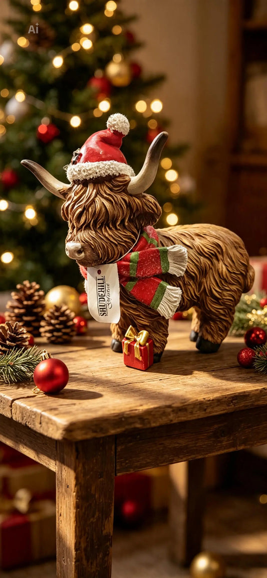 Christmas Highland Cow With Scarf Standing