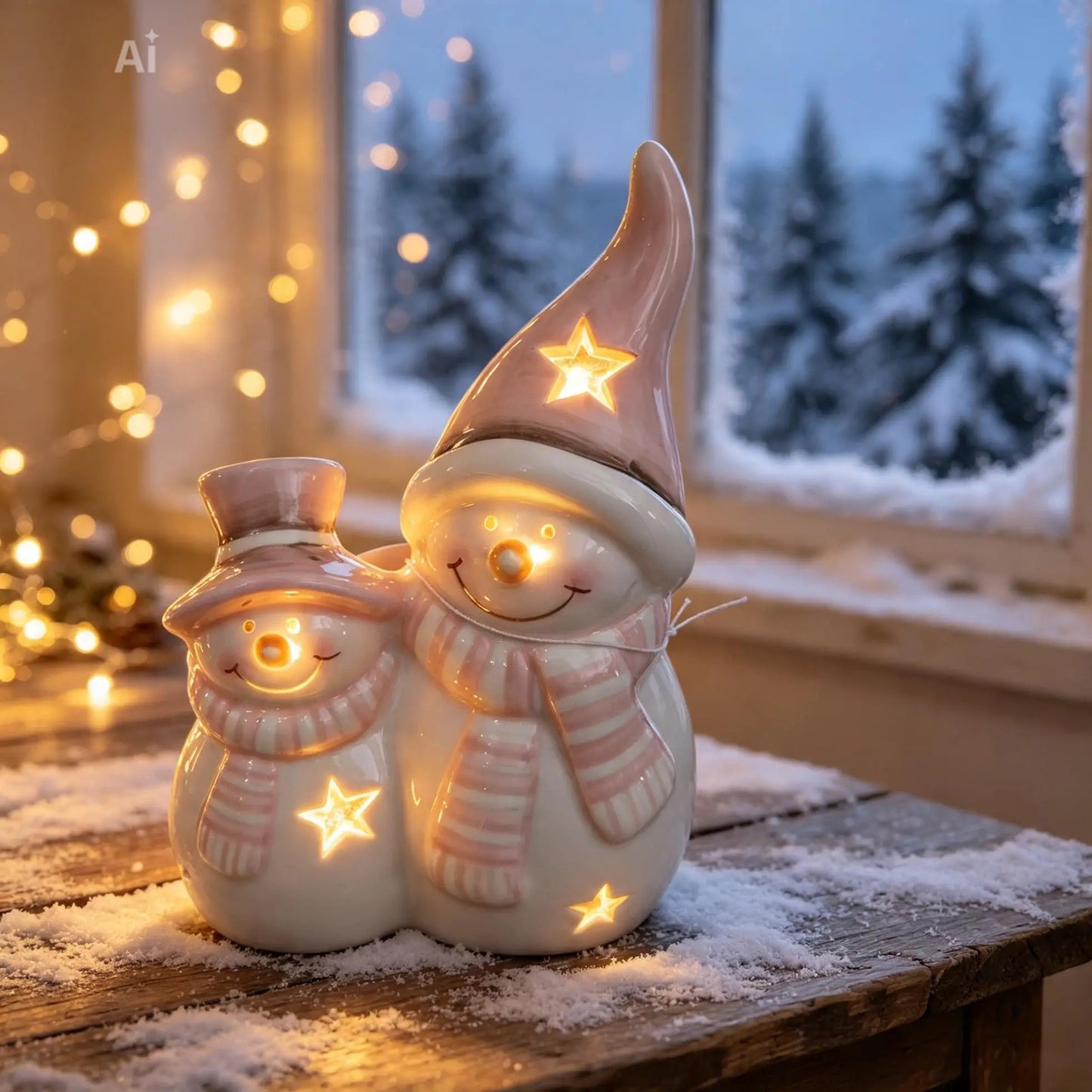 Pastel Pink LED Snowman Pair