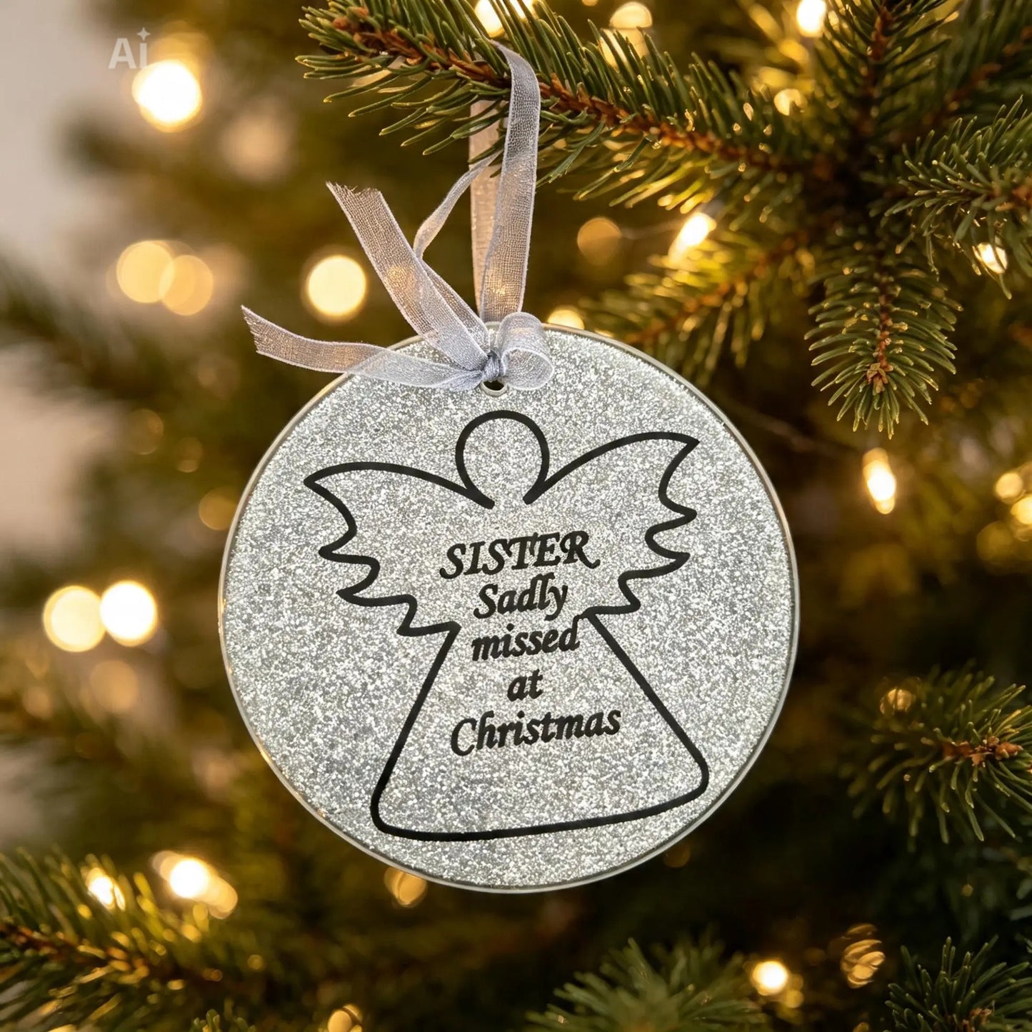 Sister Sadly Missed at Christmas Glass Glitter Hanging decoration