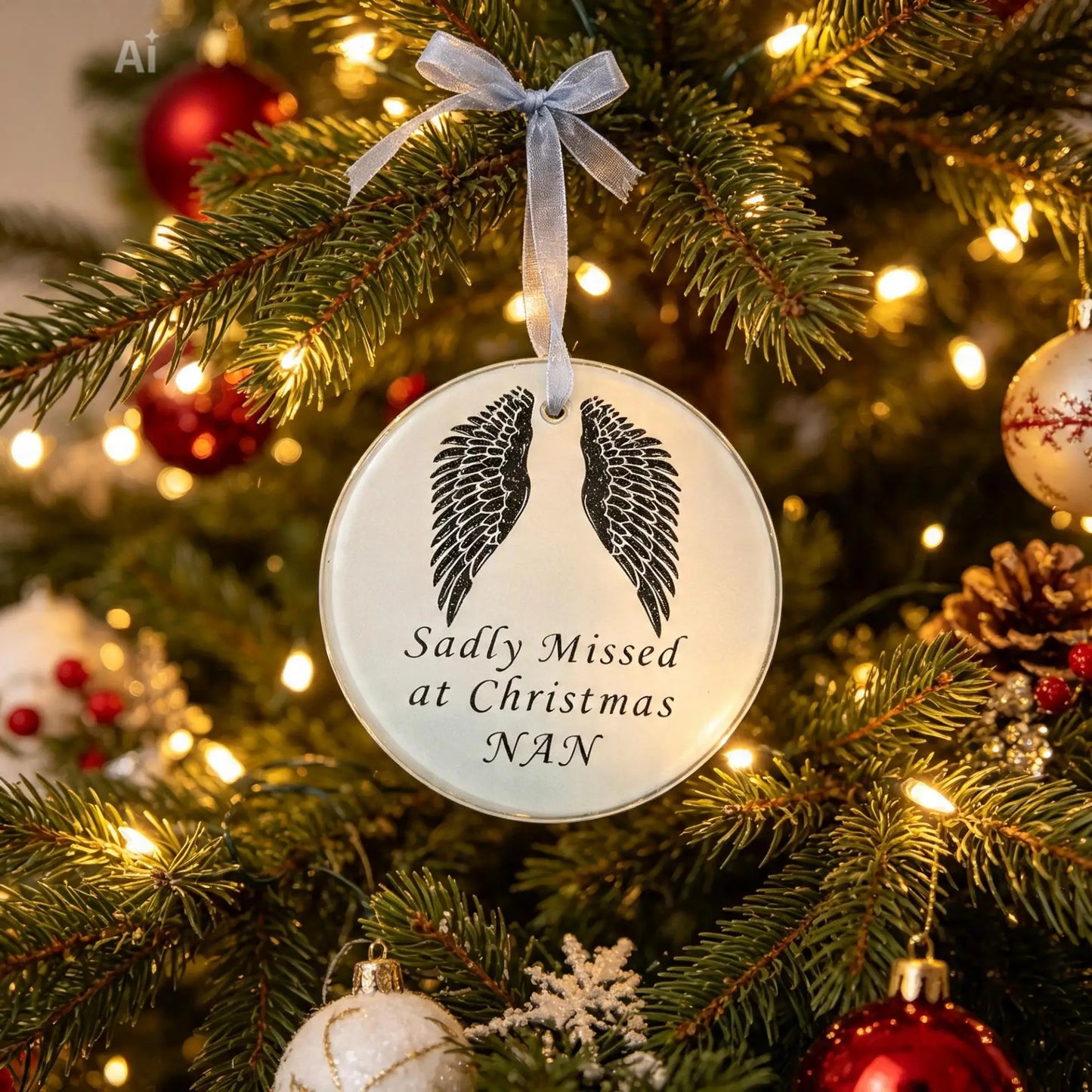 'Sadly Missed at Christmas" Grey Glass Angel Wing Hanging Ornament