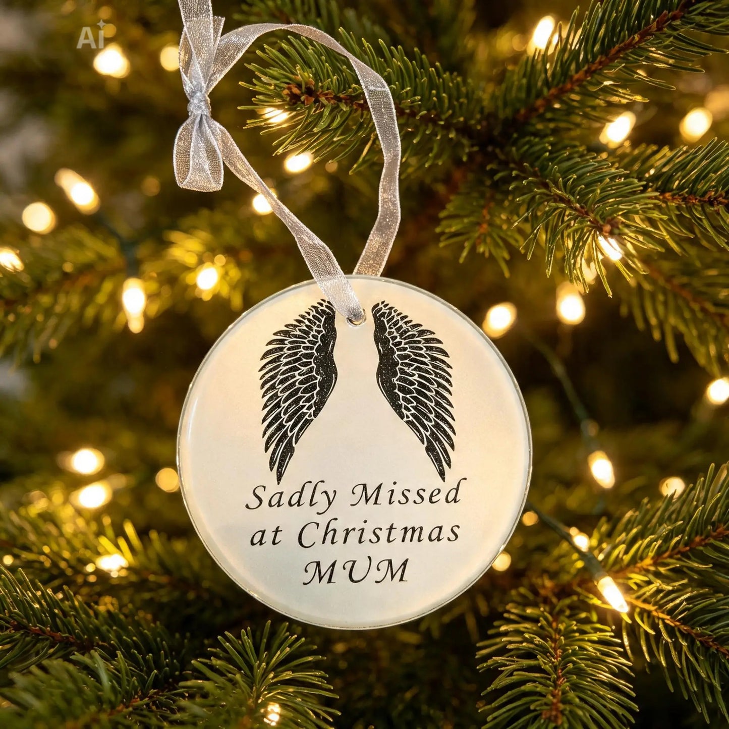 'Sadly Missed at Christmas" Grey Glass Angel Wing Hanging Ornament