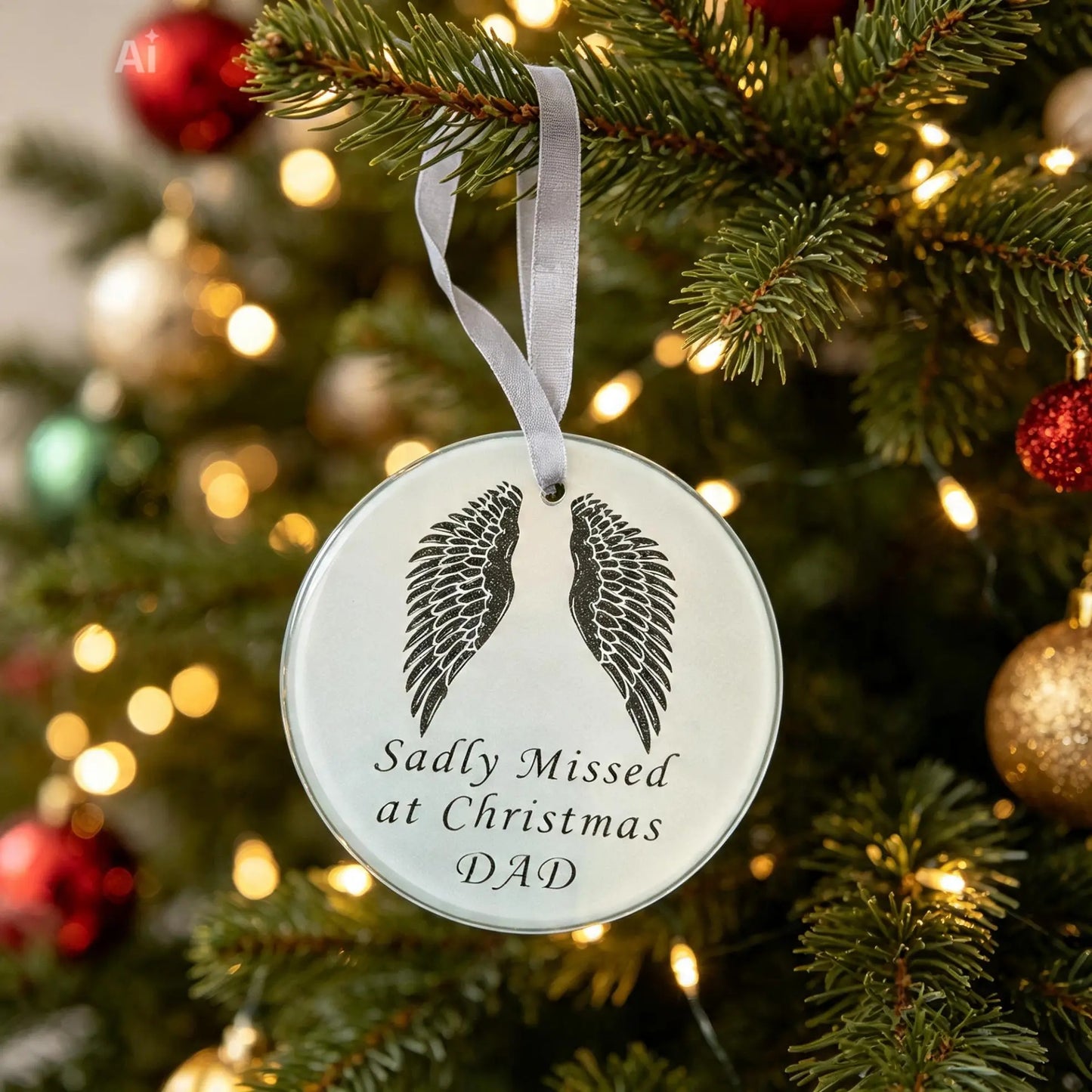 'Sadly Missed at Christmas" Grey Glass Angel Wing Hanging Ornament