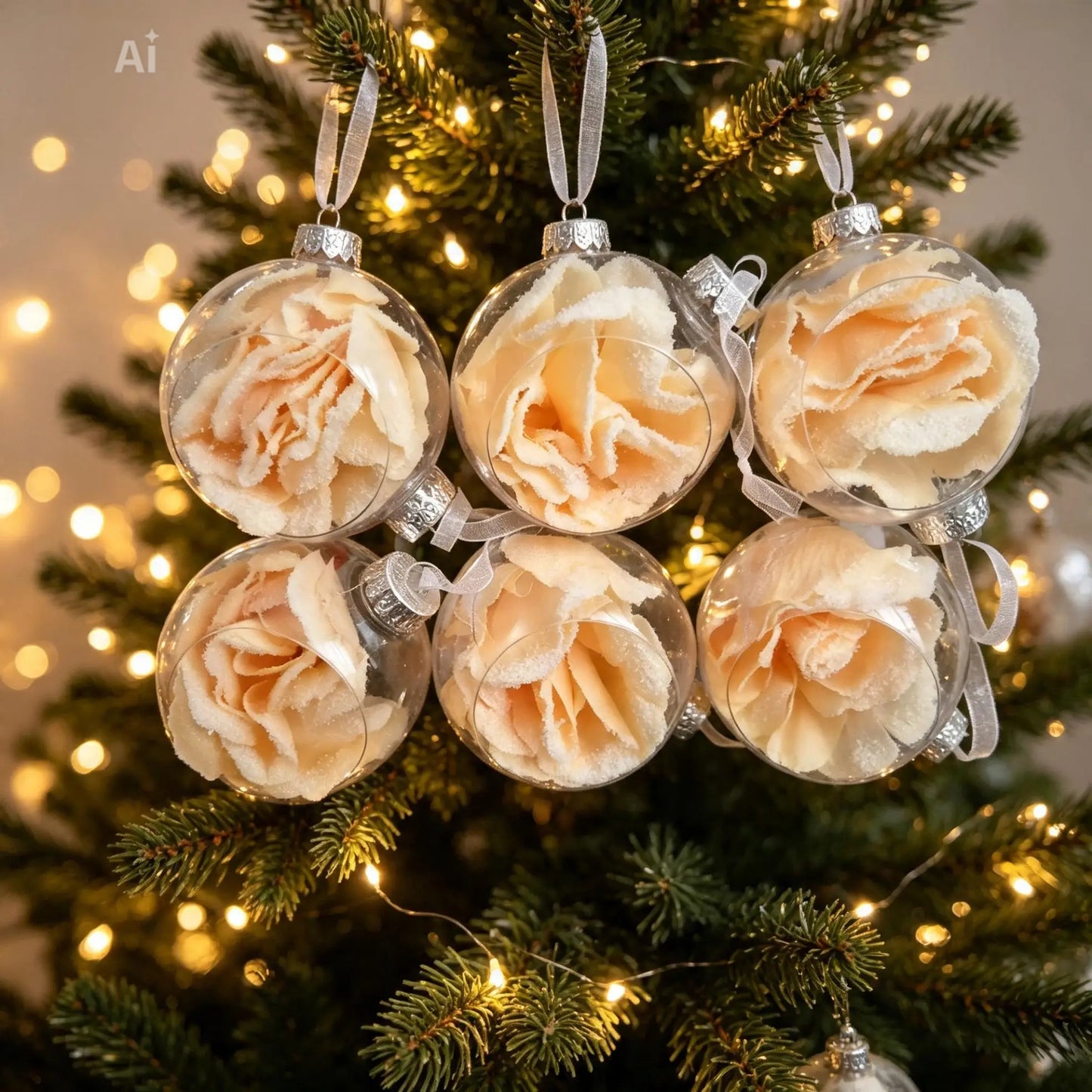 Pkt of 6 clear baubles with cream Christmas rose