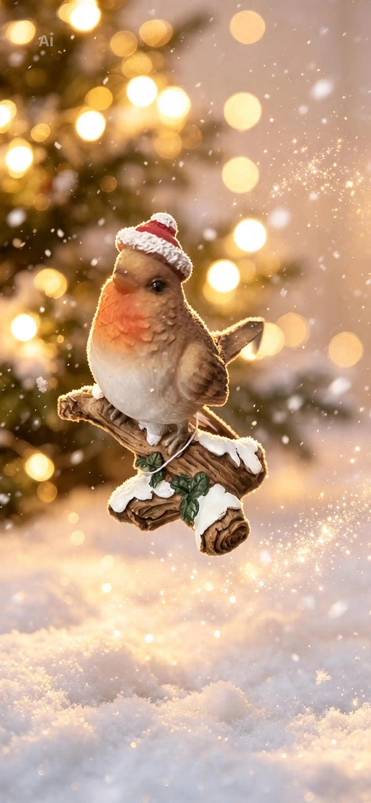 Christmas Robin Statue on a Frosted Branch - Festive Home Decor Ornaments Decoration