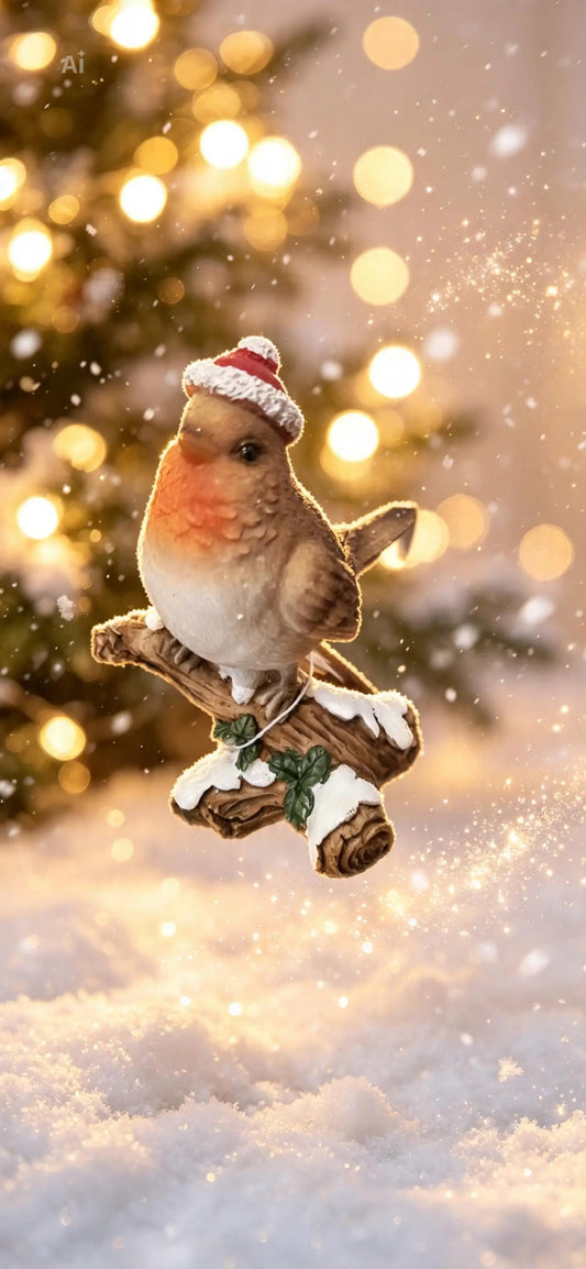 Christmas Robin Statue on a Frosted Branch - Festive Home Decor Ornaments Decoration