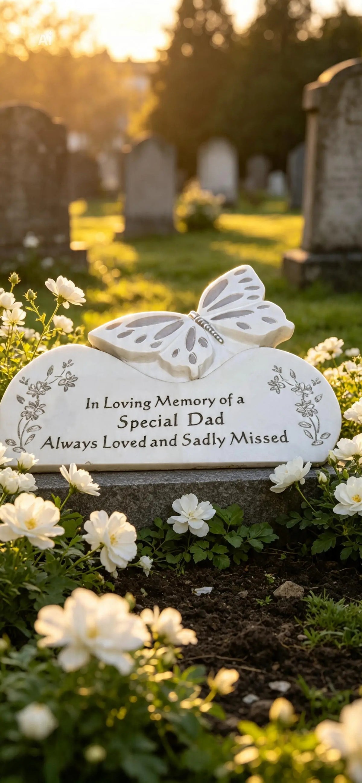 White & Silver Butterfly on a rock Graveside