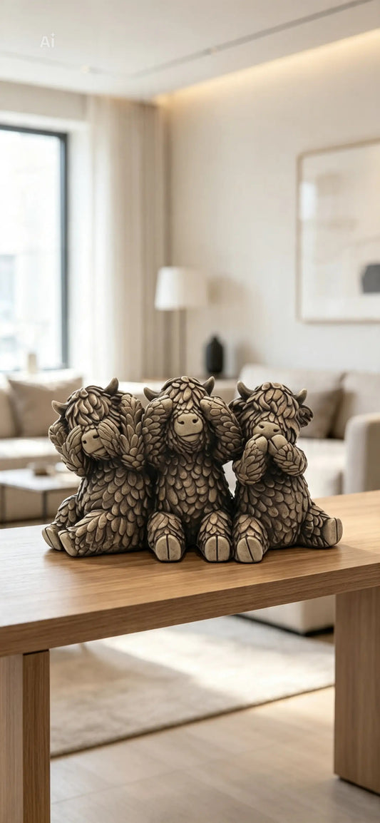 Lesser & Pavey Hughie Highland Cows figurine features a trio of cows depicting "hear no evil, see no evil, speak no evil"