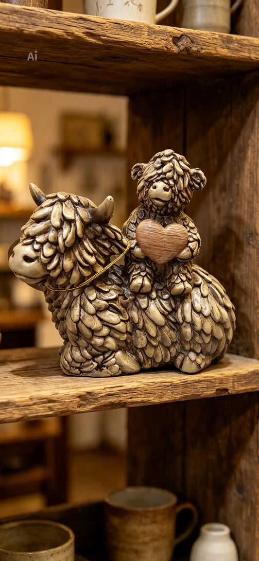 Highland Cow and Calf with Heart