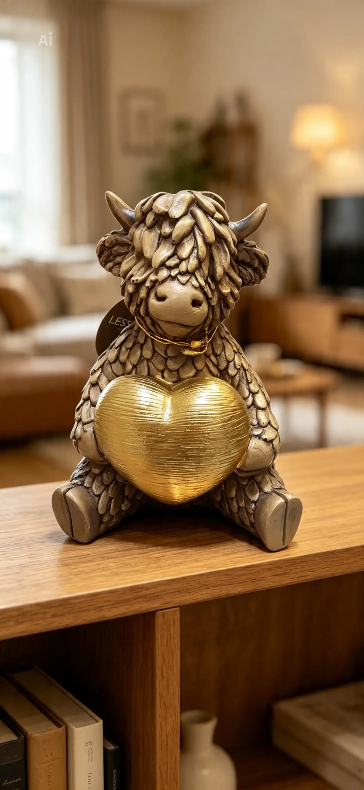 Highland Cow Holding Gold Heart Statue