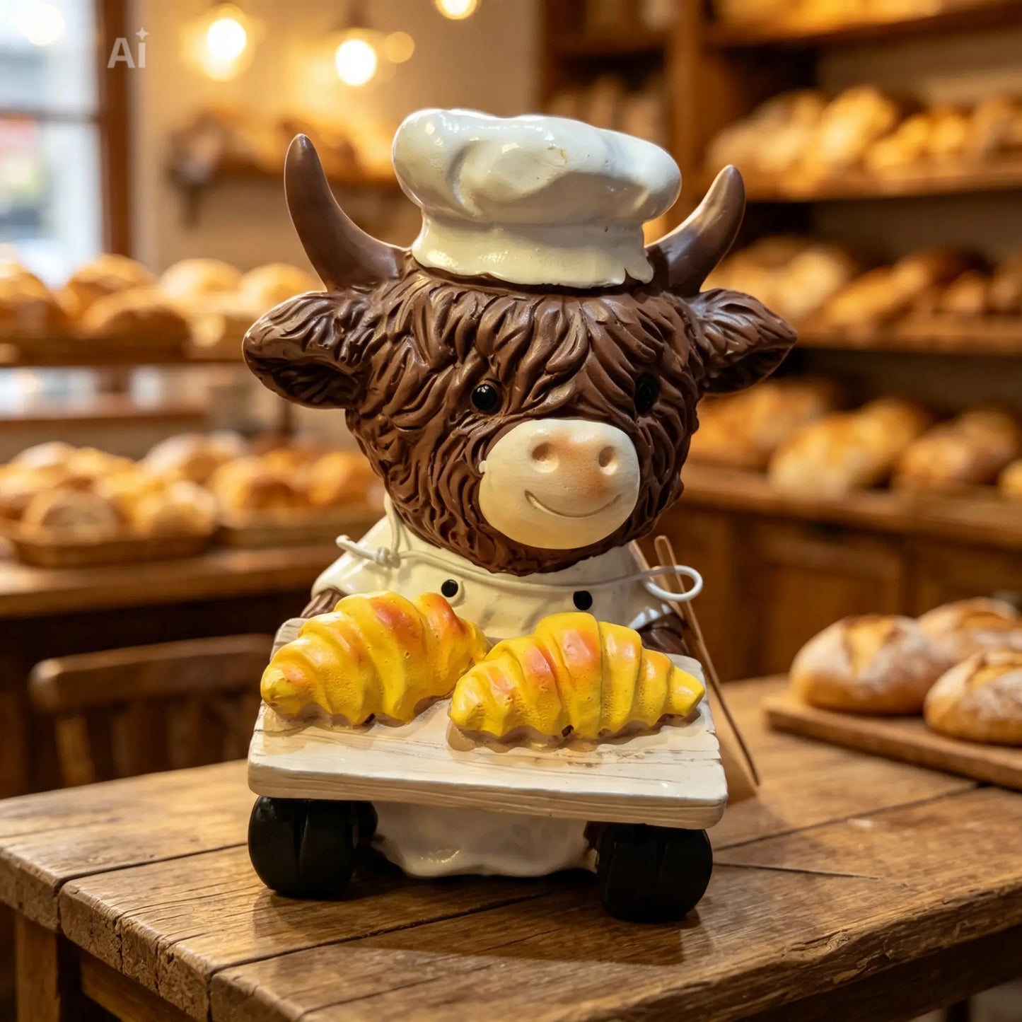 Highland cow with croissants