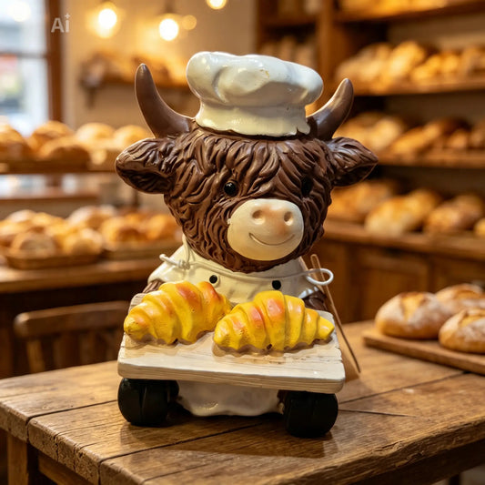 Highland cow with croissants