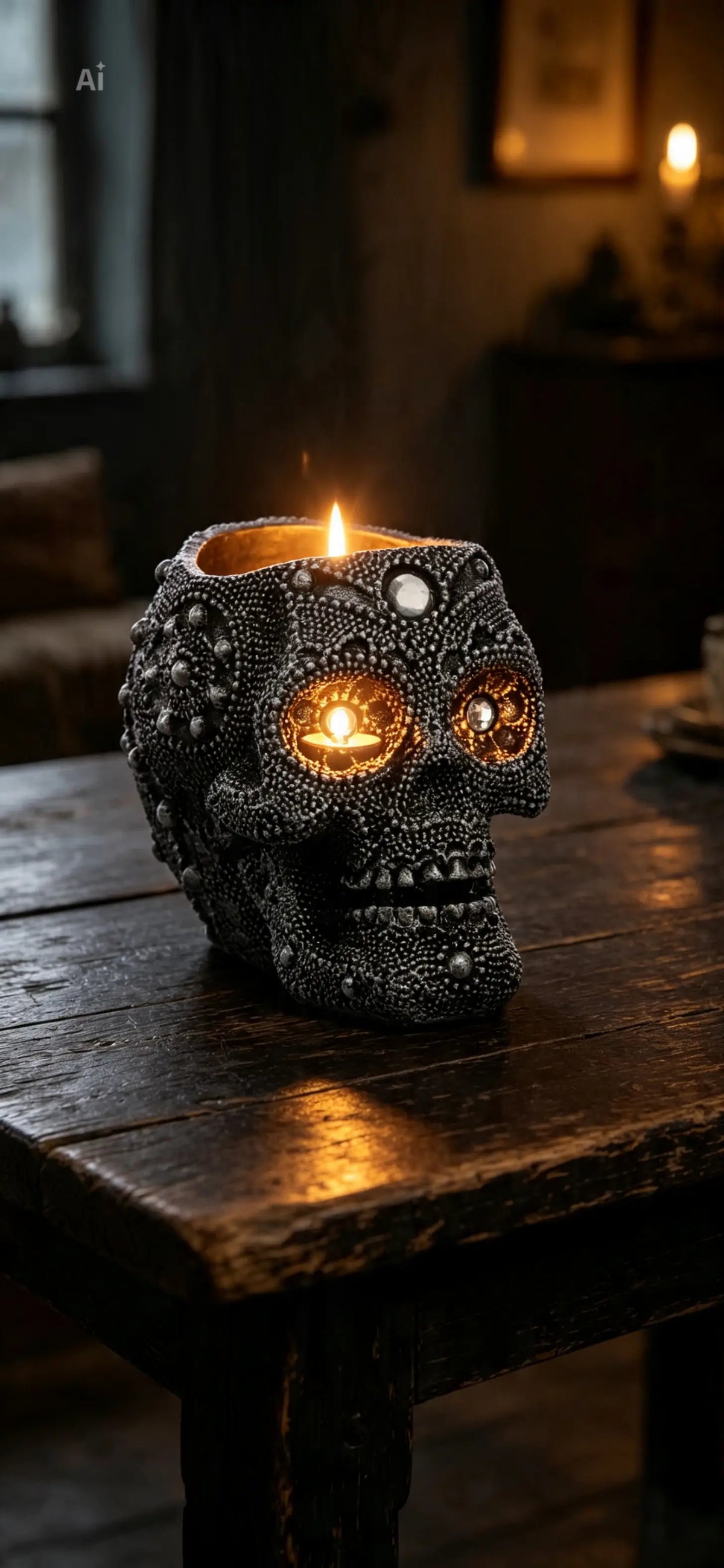 Silver Beaded Skull Head Tealight Candle Holder