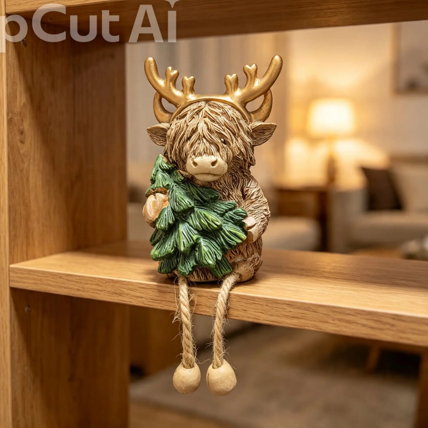 Christmas Highland Cow Statue  with Tree and Dangling legs