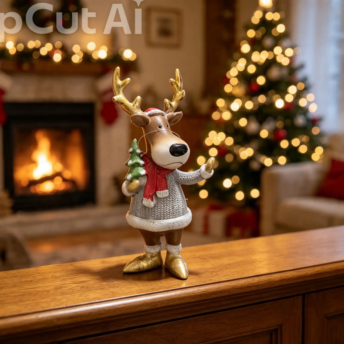 Standing Reindeer Statue with Christmas tree 15cm