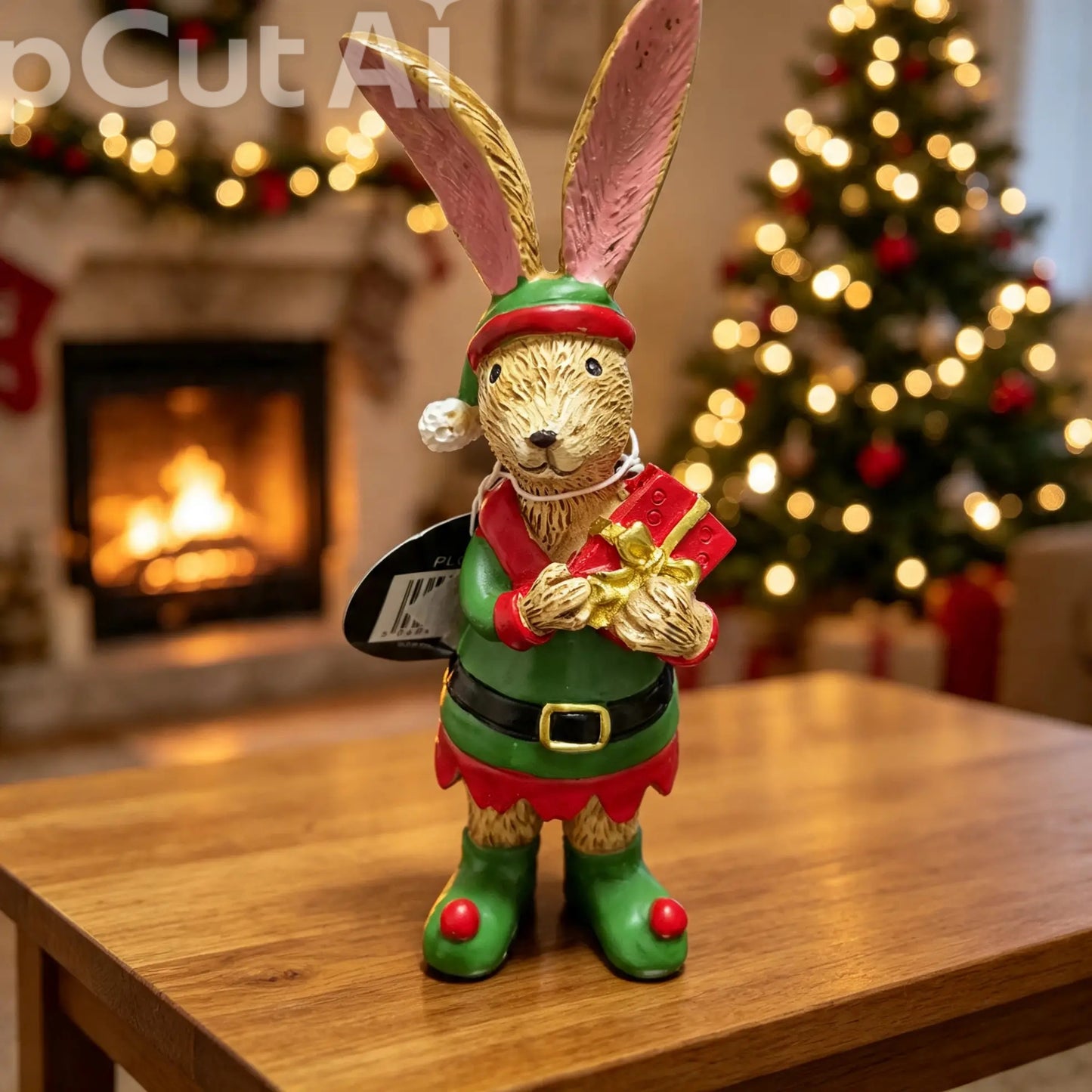 Festive hare Statue holding present 13cm