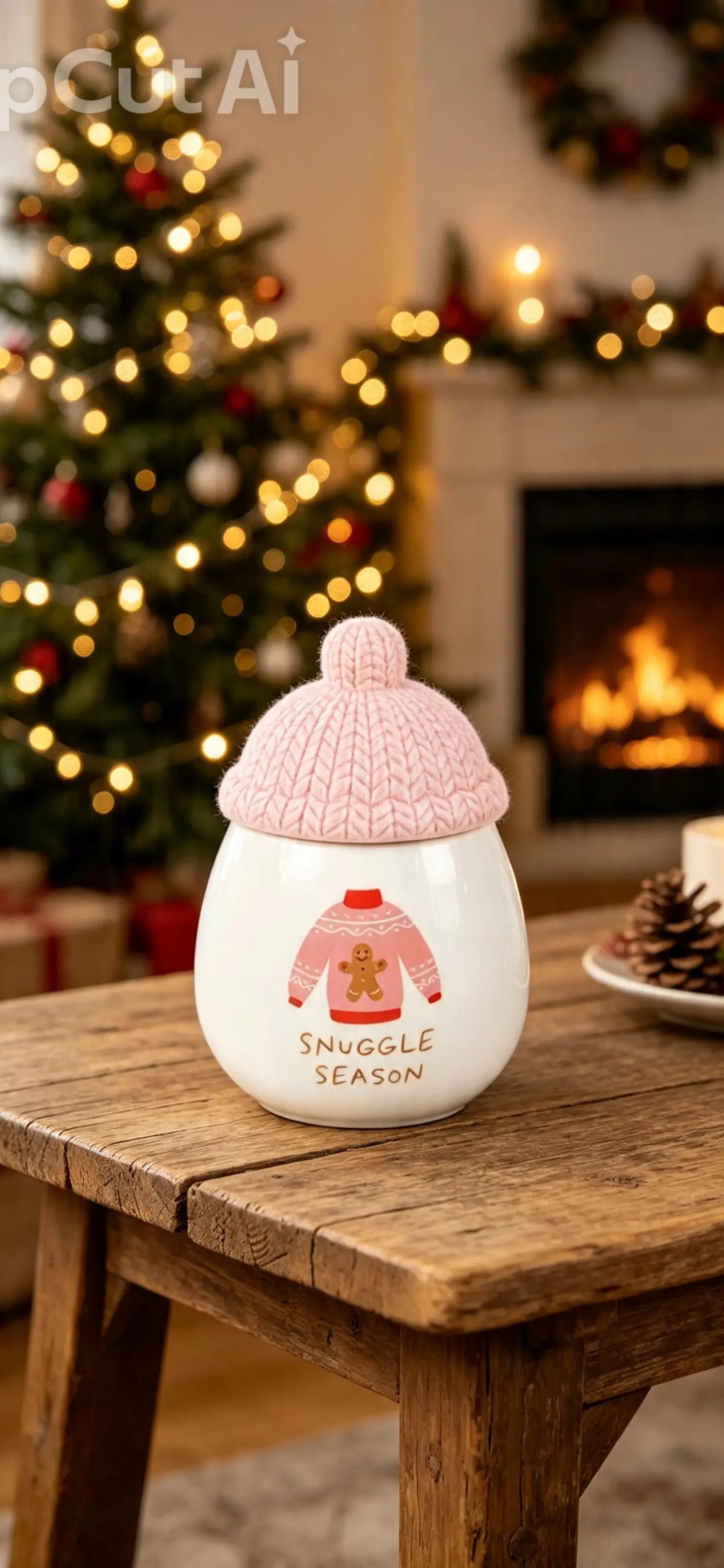 Snuggle Season Tealight Oil/Wax Burner with Cozy Pink Bobble Hat Lid for Festive Fragrances Decor Ornaments Perfect for Winter Use Aroma