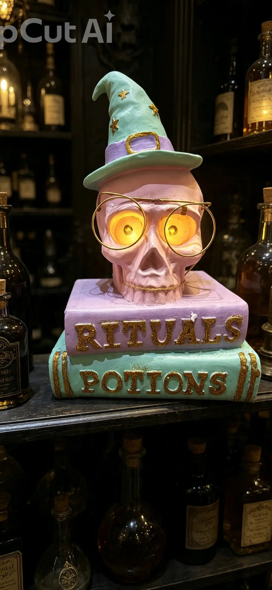Pastel Skull on Books with Light Up Eyes