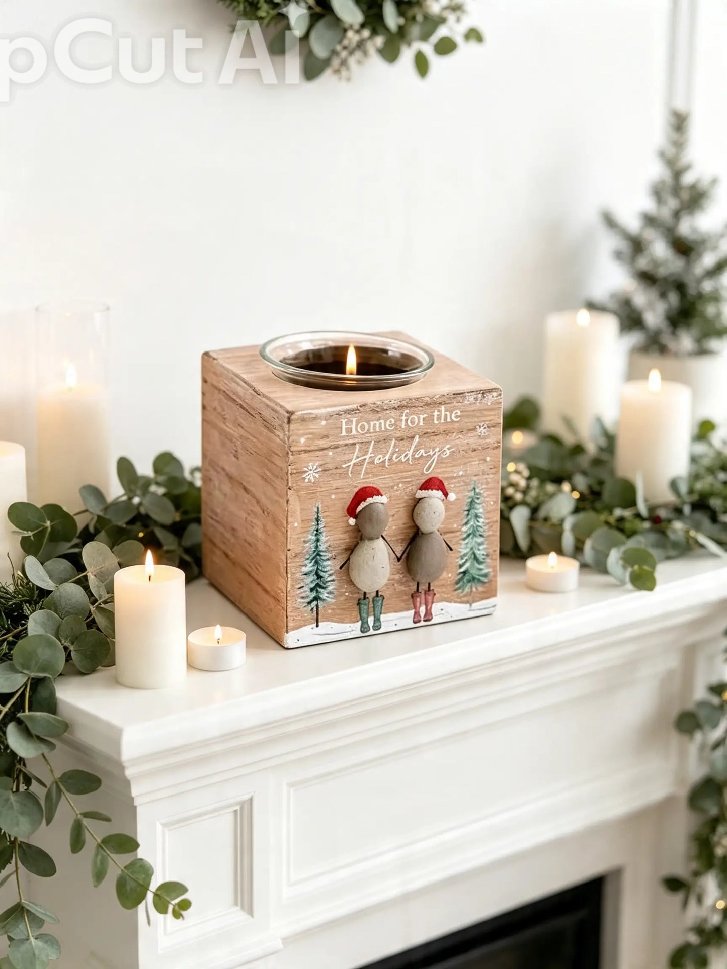 Pebble Art Christmas Candle Holder - Rustic Winter Forest Design - Figures, Decor Ornaments Tealight