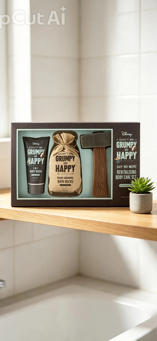 Mad Beauty Disney Grumpy Revitalizing Body Care Set featuring a cedarwood and lime body wash, bath rocks, and a novelty pickaxe-shaped sponge
