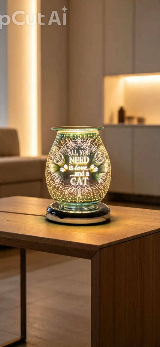 Desire Aroma 3D lamp features a "All You Need Is Love and a Cat" design and includes a touch-sensitive base for controlling brightness