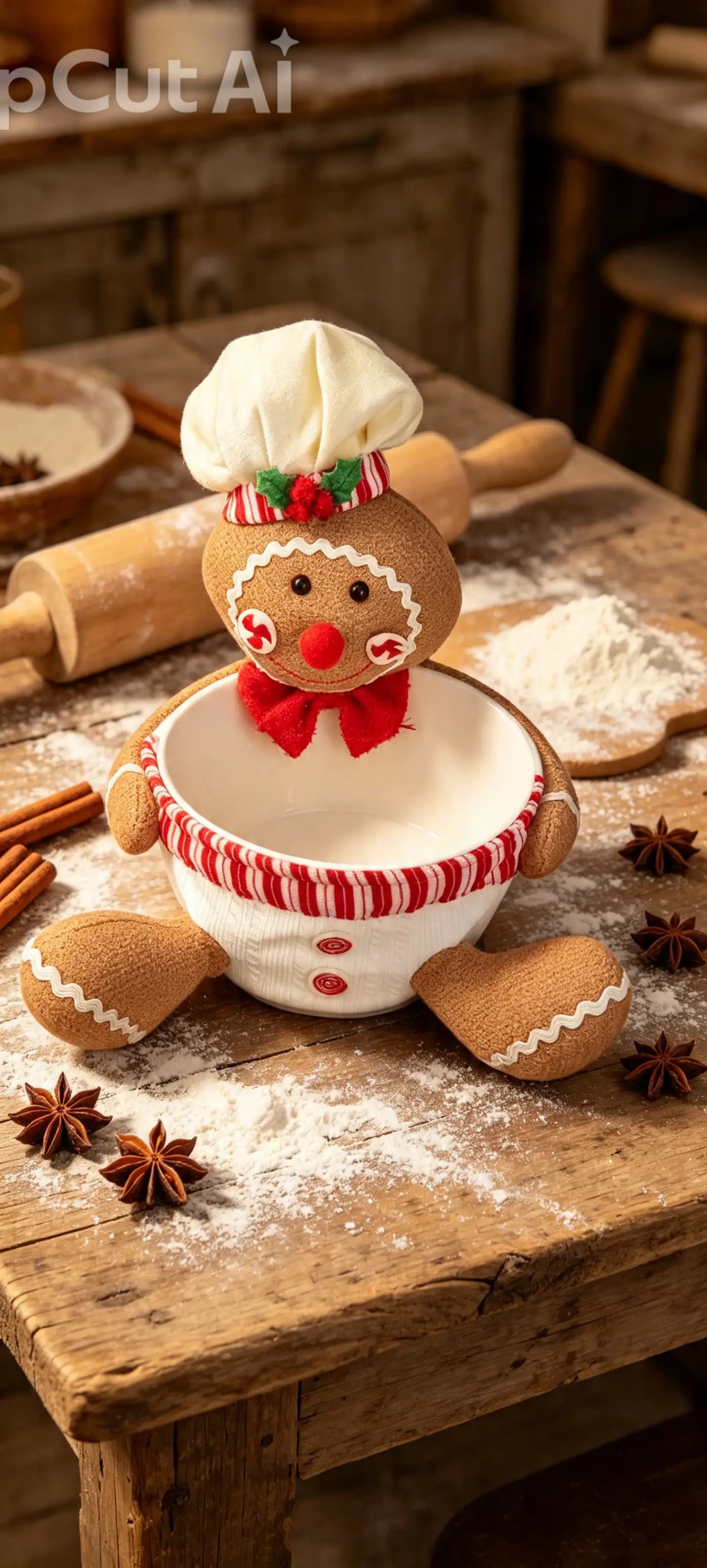 festive plush gingerbread baker tabletop decor item featuring a chef's hat and an integrated holding bowl