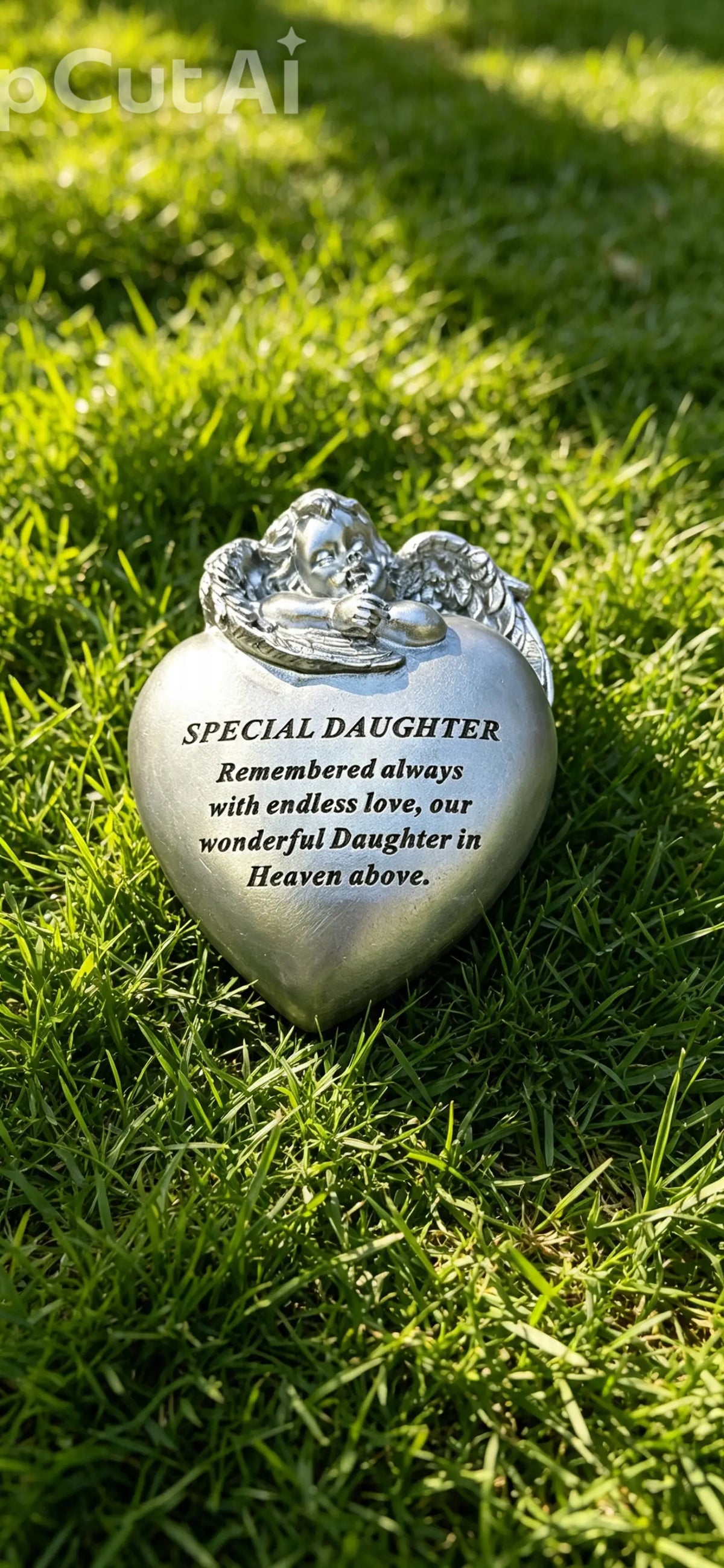 Silver Memorial Heart Stone with Winged Cherub