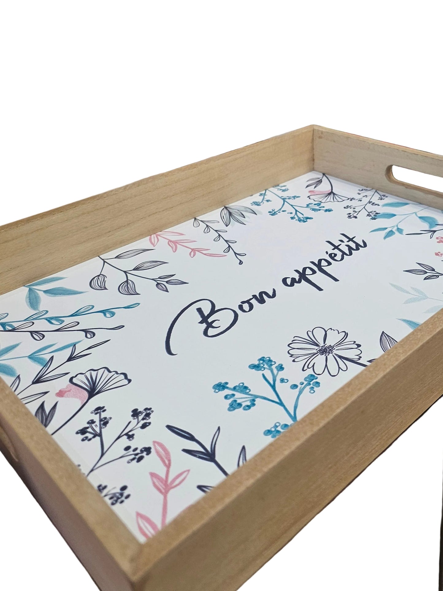 Wooden serving tray with a floral pattern and the text "Bon appétit"