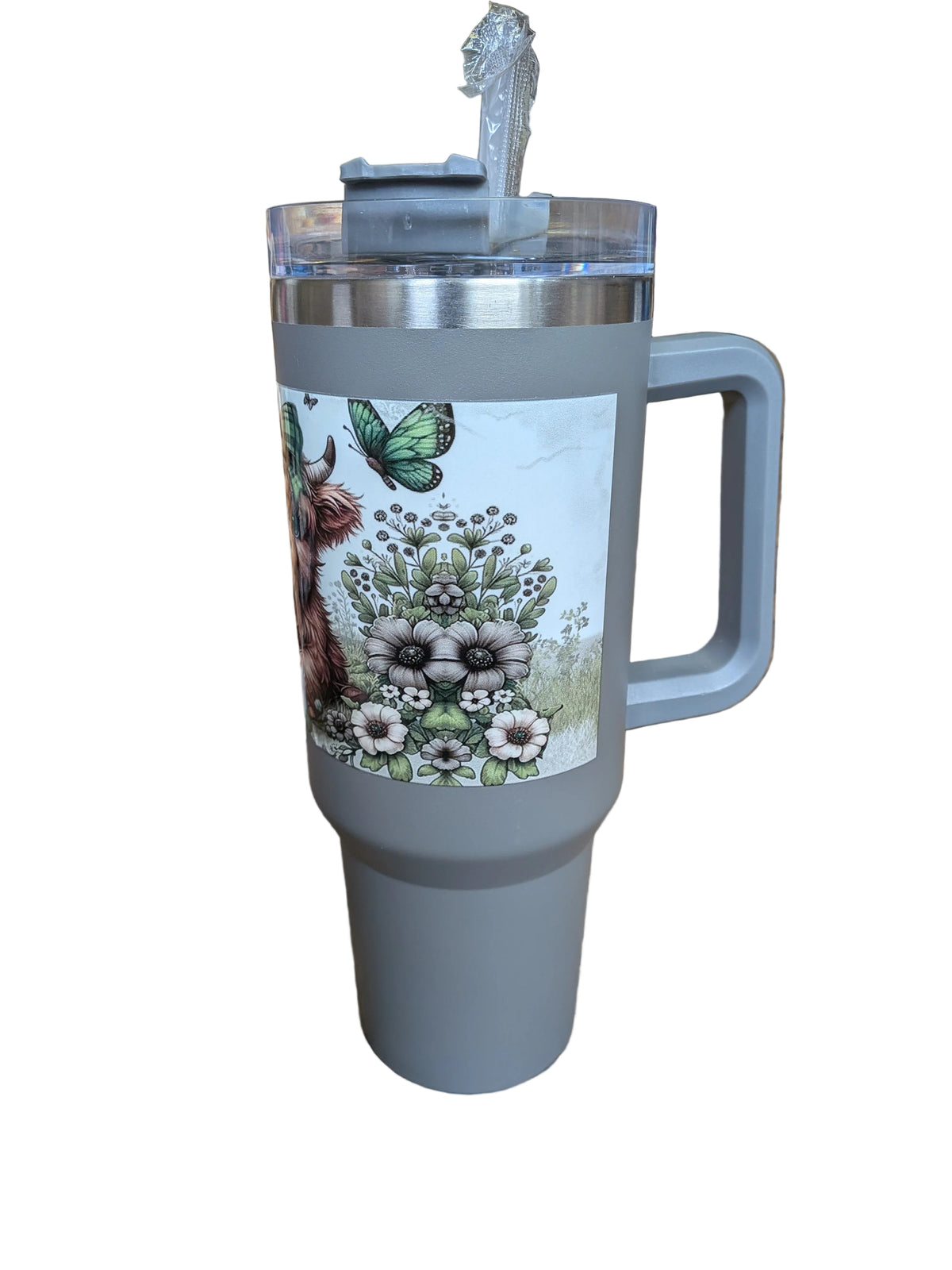 40oz Grey Insulated Tumbler with Highland Cow Design