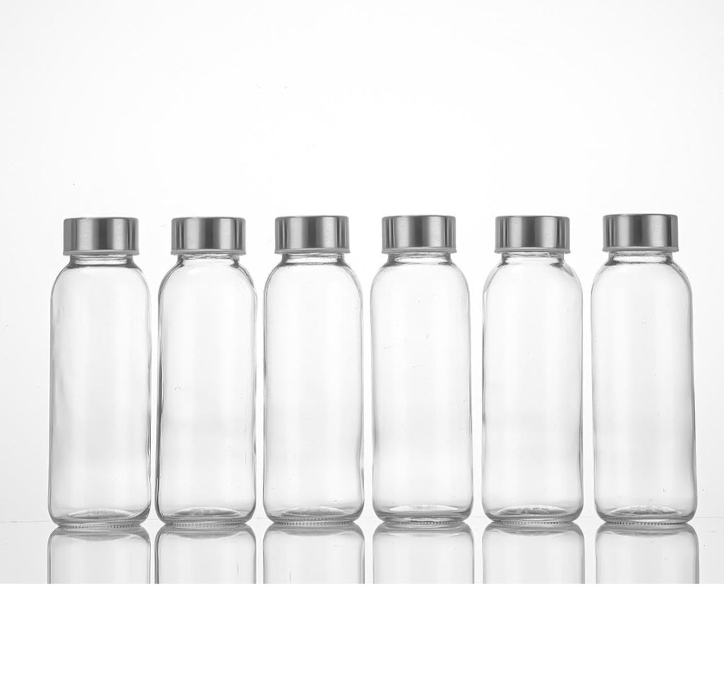 simpa 300ml Reusable Glass Bottles With Stainless Steel Lids - Set of 6 - Suitable for Work, Gym, Home, Hot or Cold Drinks.