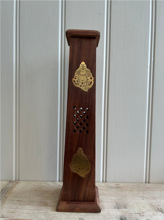 Wooden Tower Ash Catcher w/ Brass Inlany Buddha