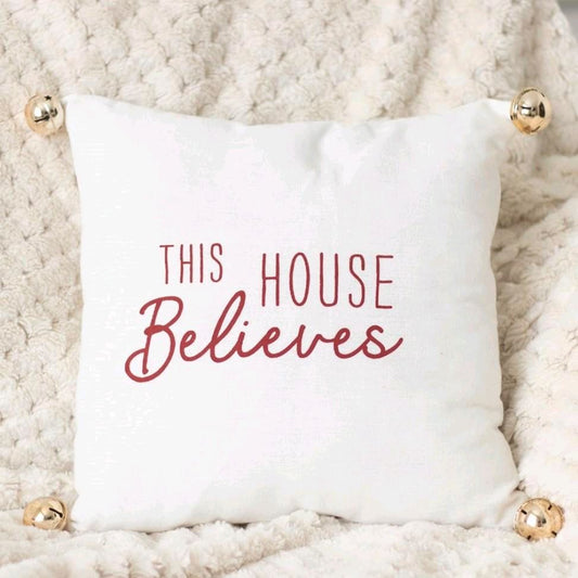 This House Believes Soft Cushion with Bells - Festive Summer Throw Pillow for Home Decor with Gold Jingle Bell Accents