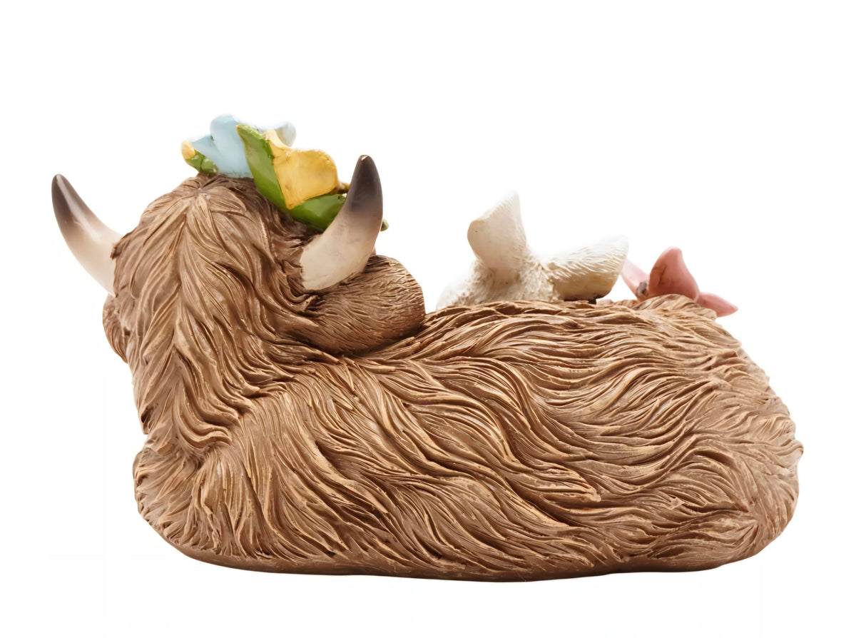 Country Living Sleeping Highland Cow With Spring Bunny