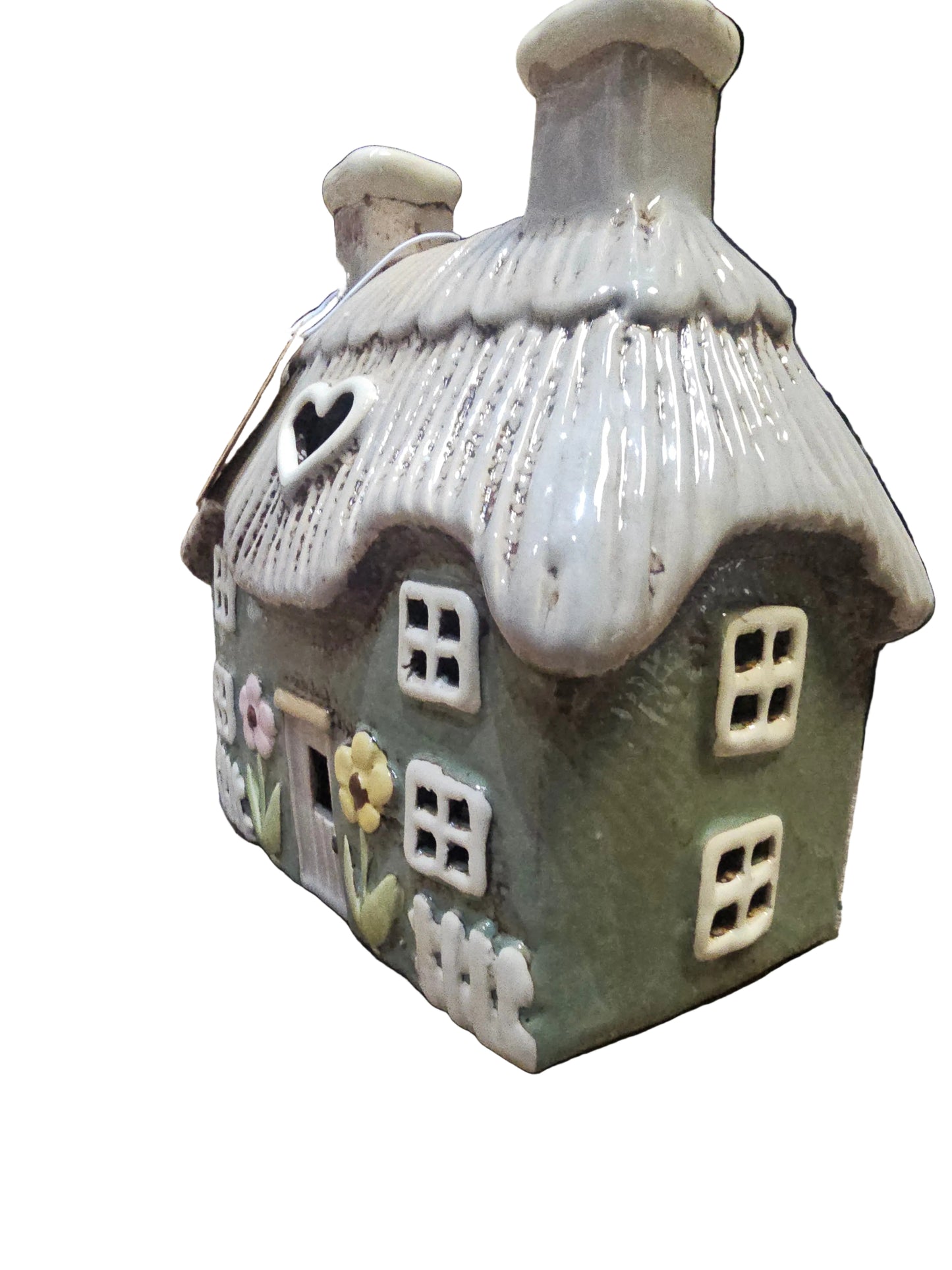 Stoneware Green Thatched Cottage with Embossed Flowers Tea Light Holder
