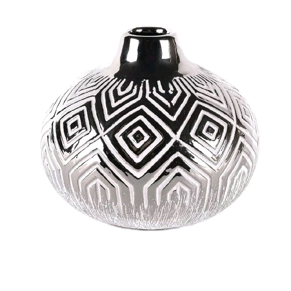 Decorative Silver & White Geometric Vase - 24.5cm - Ornaments Ceramic Flower Room