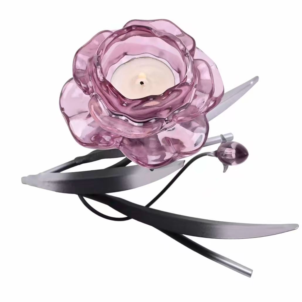 Pink Glass Rose Single Candle Holder with 2 Tone Black and Silver Base