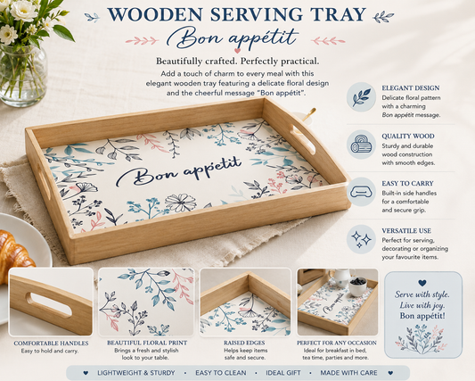 Wooden serving tray with a floral pattern and the text "Bon appétit"