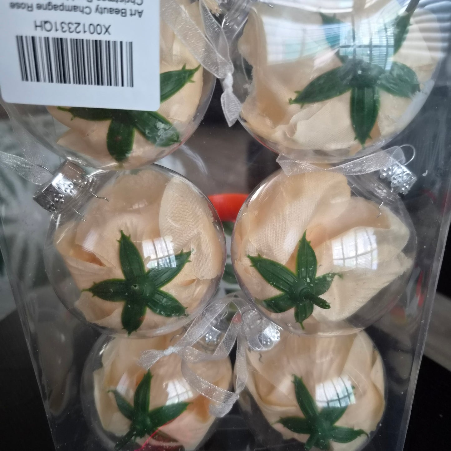 Pkt of 6 clear baubles with cream Christmas rose