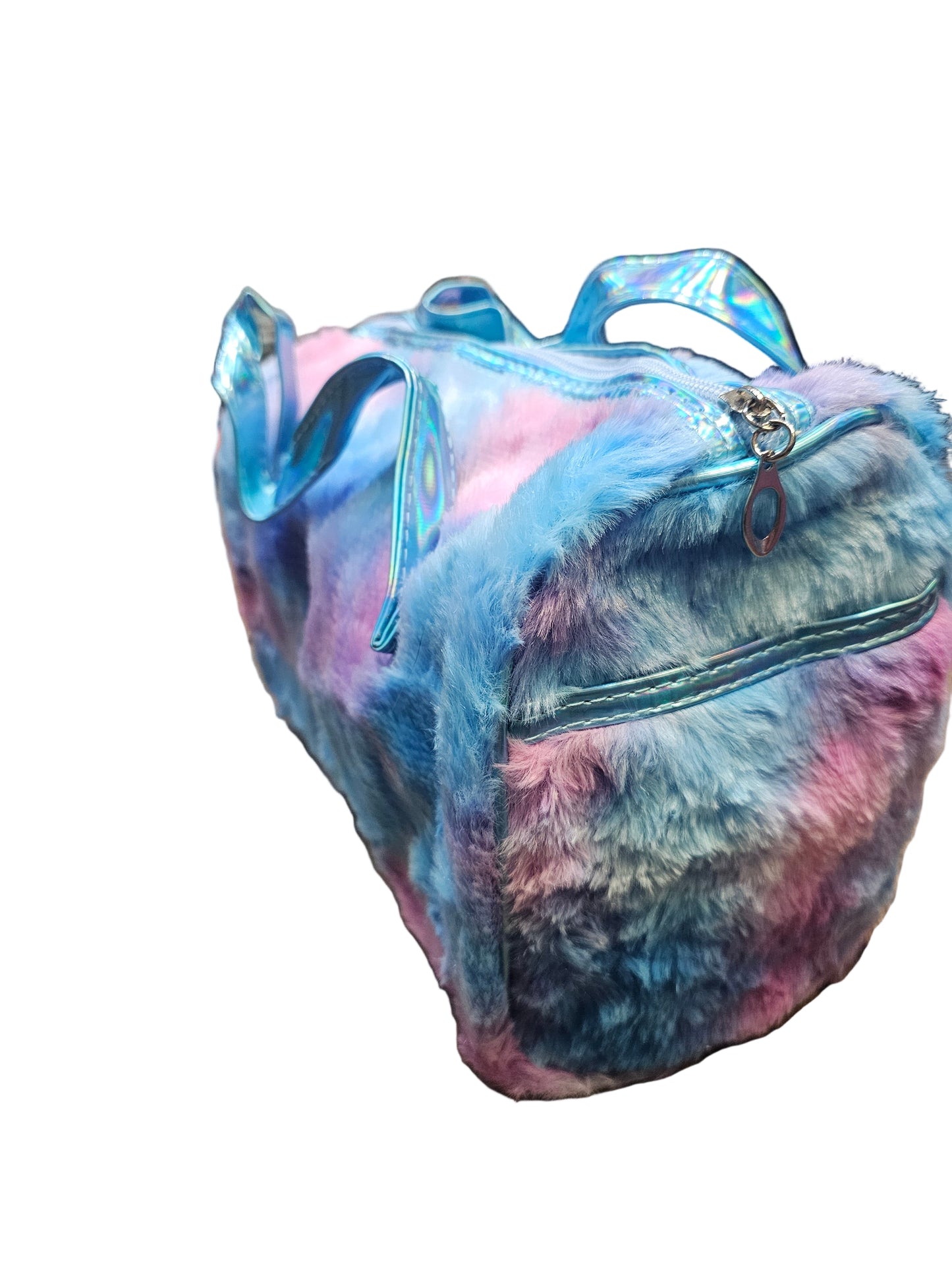 fluffy, tie-dye unicorn duffel bag