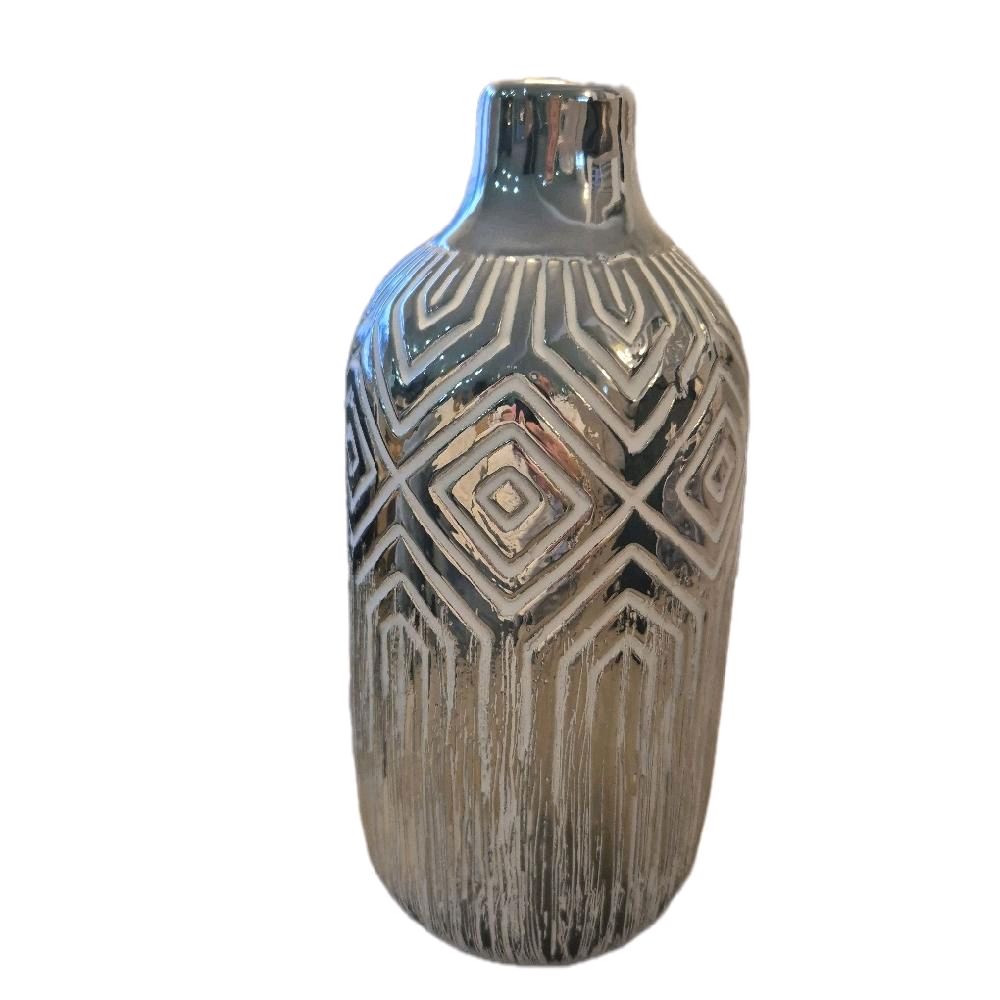 Decorative Silver & White Geometric Vase - 24.5cm - Ornaments Ceramic Flower Room