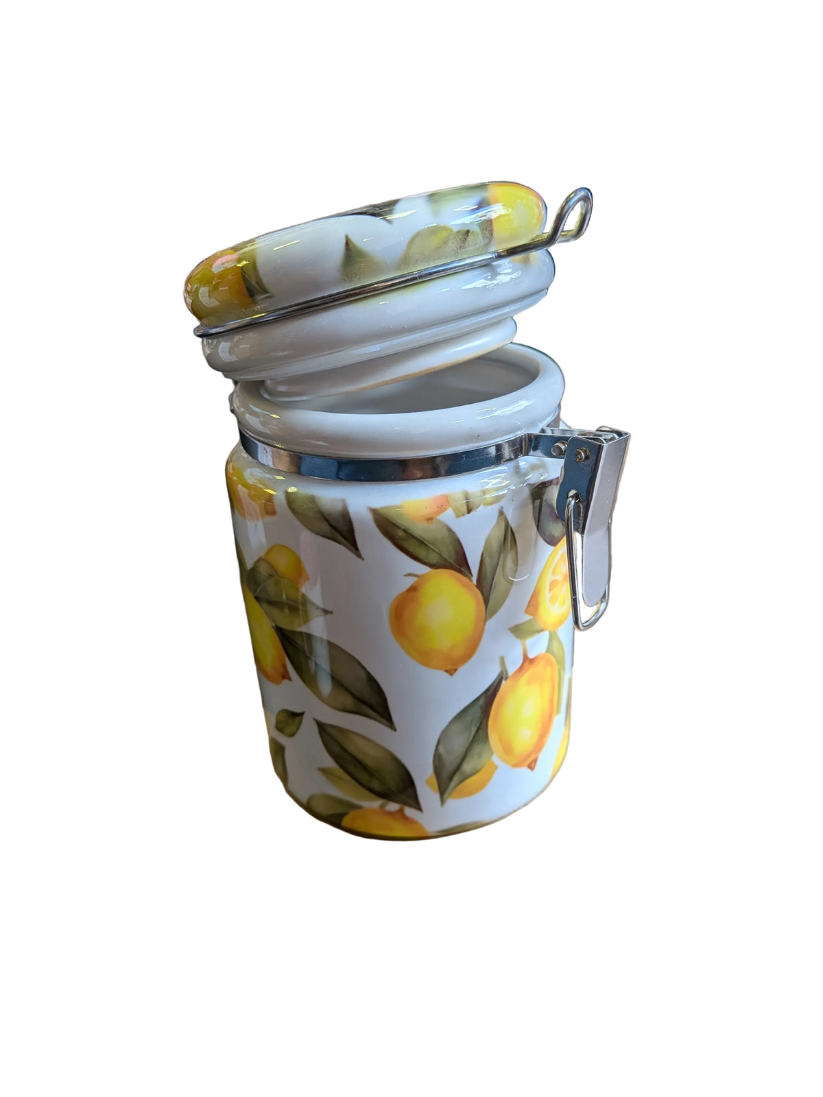 Ceramic kitchen storage canister with a lemon pattern and a wire-clamp airtight lid