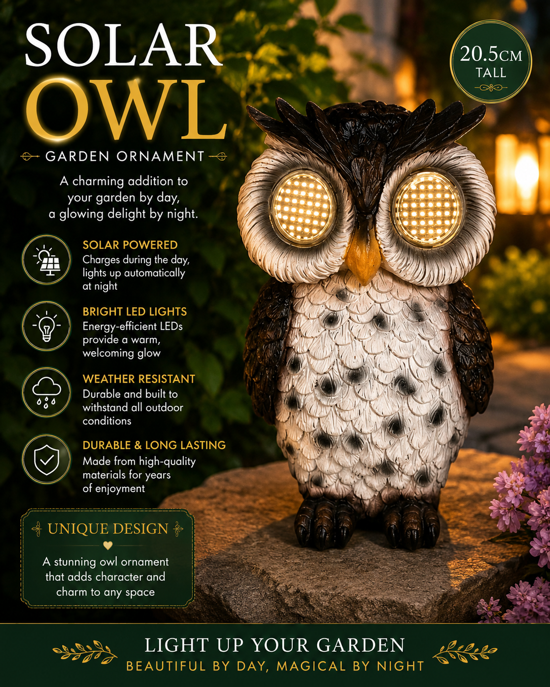 Solar Owl 20.5cm Garden Ornament with Unique Design and Solar Feature