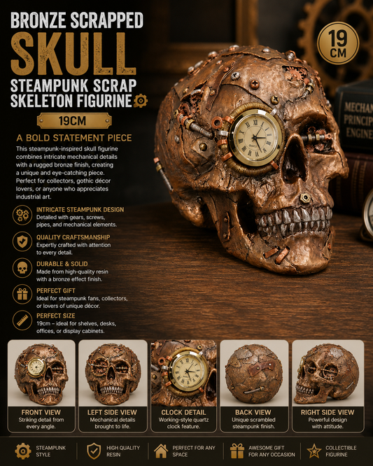 Bronze Scrapped Skull Steampunk Scrap Skeleton Figurine - 19cm