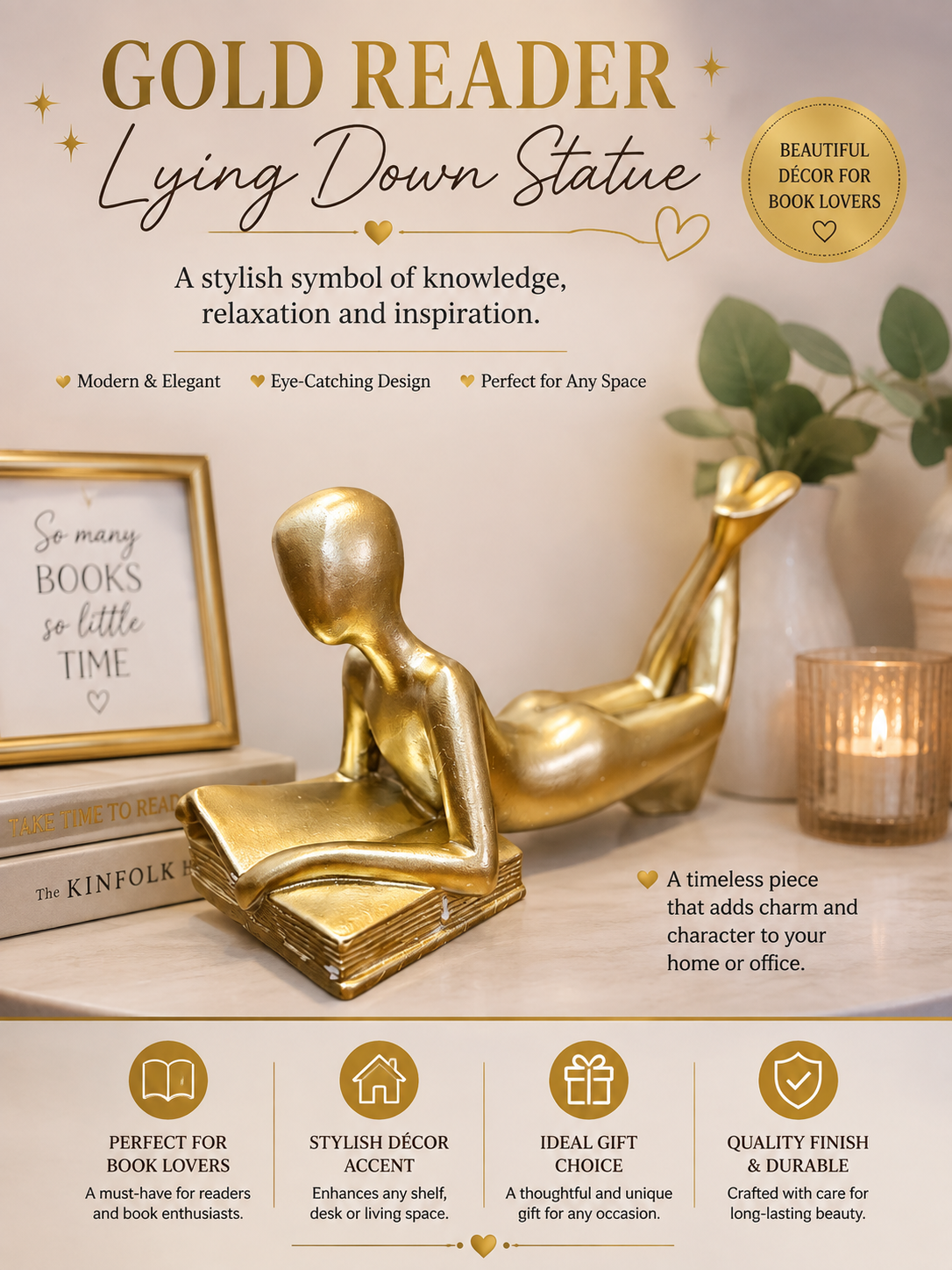 Gold Reader lying down statue