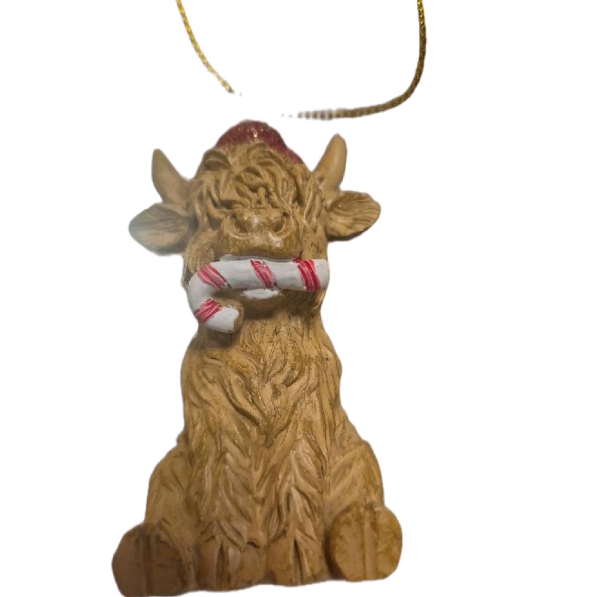 Cute Highland Cow Chewing Candycane Hanging Christmas Ornament for Decoration Hangable Decoration Tree
