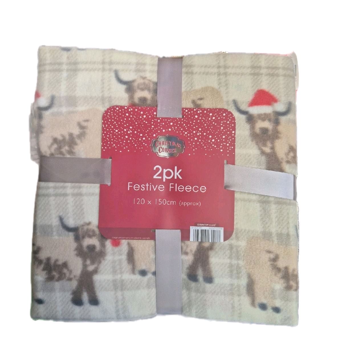 Pack of 2 Festive Design Fleece Throws 125x150cm - Highland Cow, Soft and Cozy